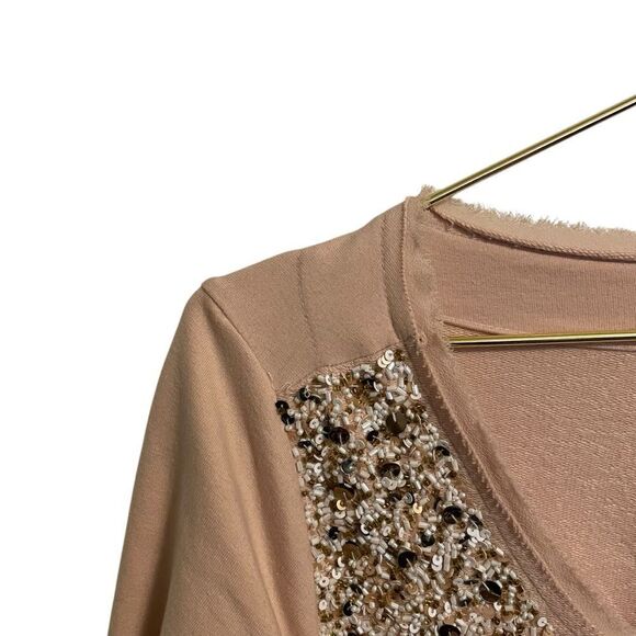 Anthropologie Postmark Beige Cream Sequin Beaded Boxy Fit Pailette Cardigan MED - Picture 5 of 8